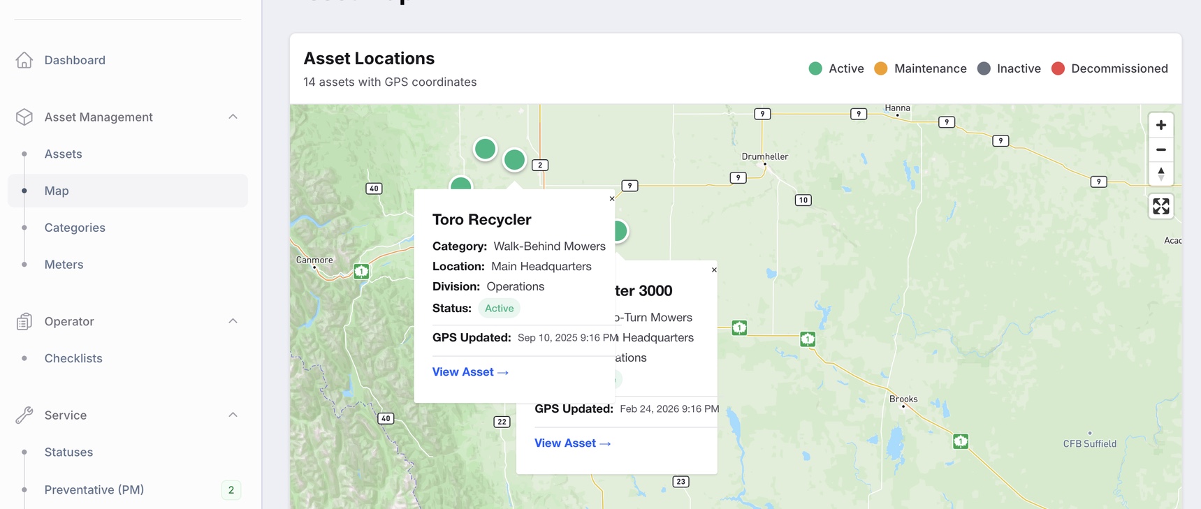 Asset map showing equipment locations with GPS coordinates