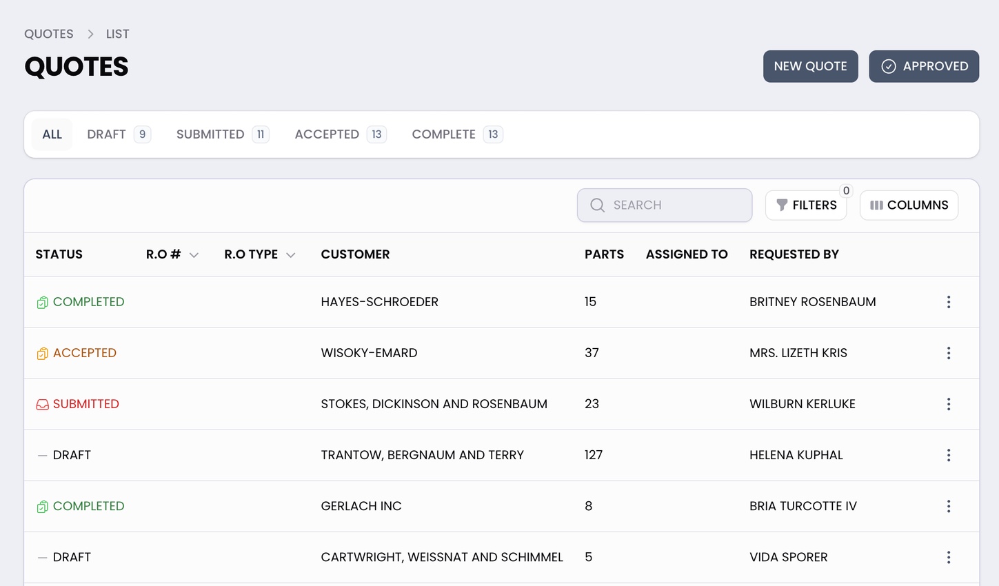 Quotes list showing status pipeline from draft to completed