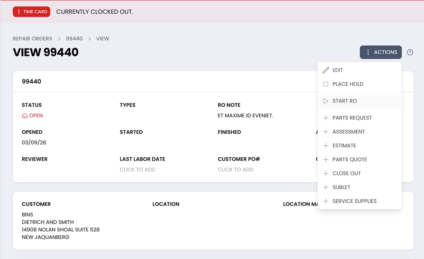 Repair order workflow showing status, actions, and customer details